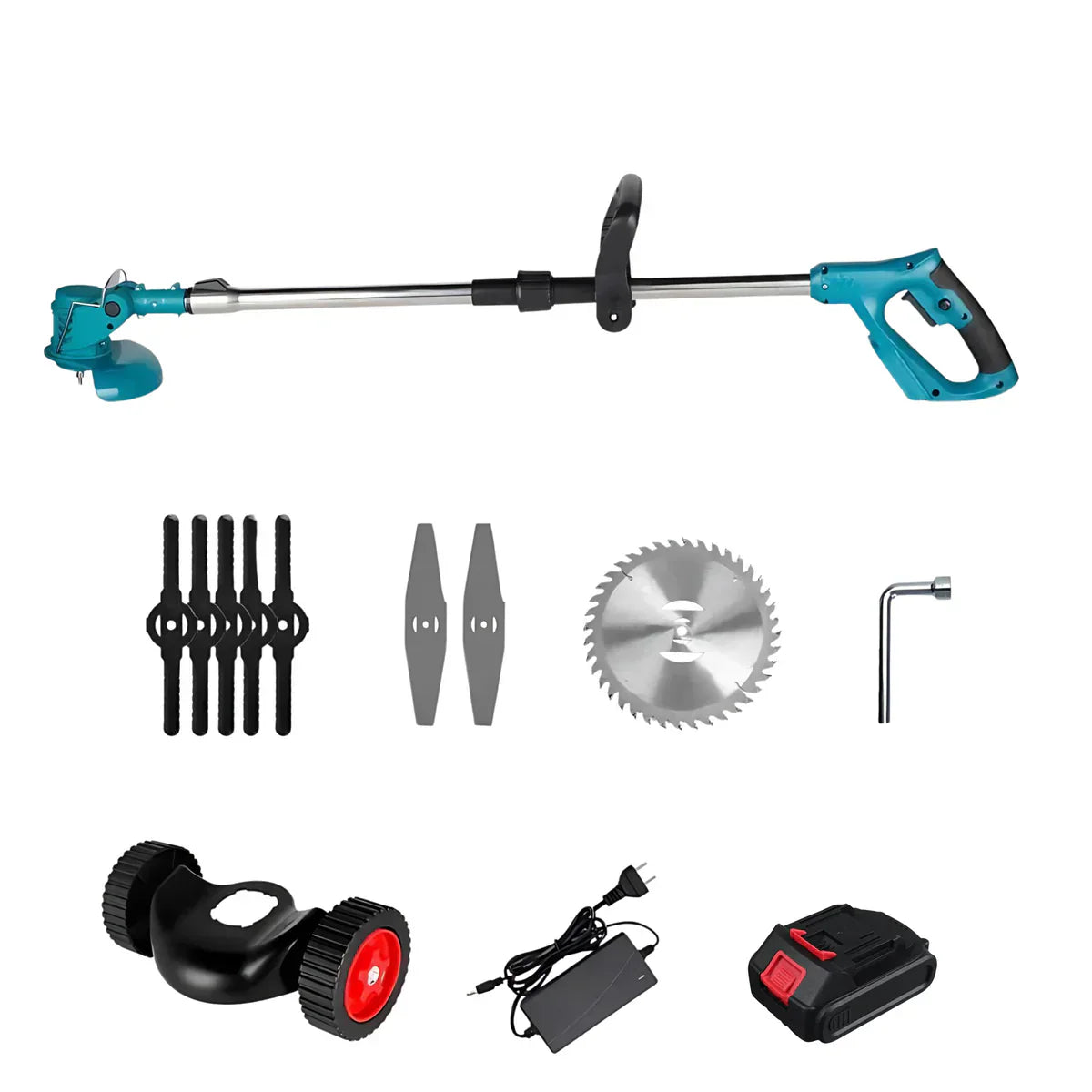 Trådlös & Hopfällbar Grästrimmer 36V – Justerbar Höjd, Hjul & 3 Bladtyper